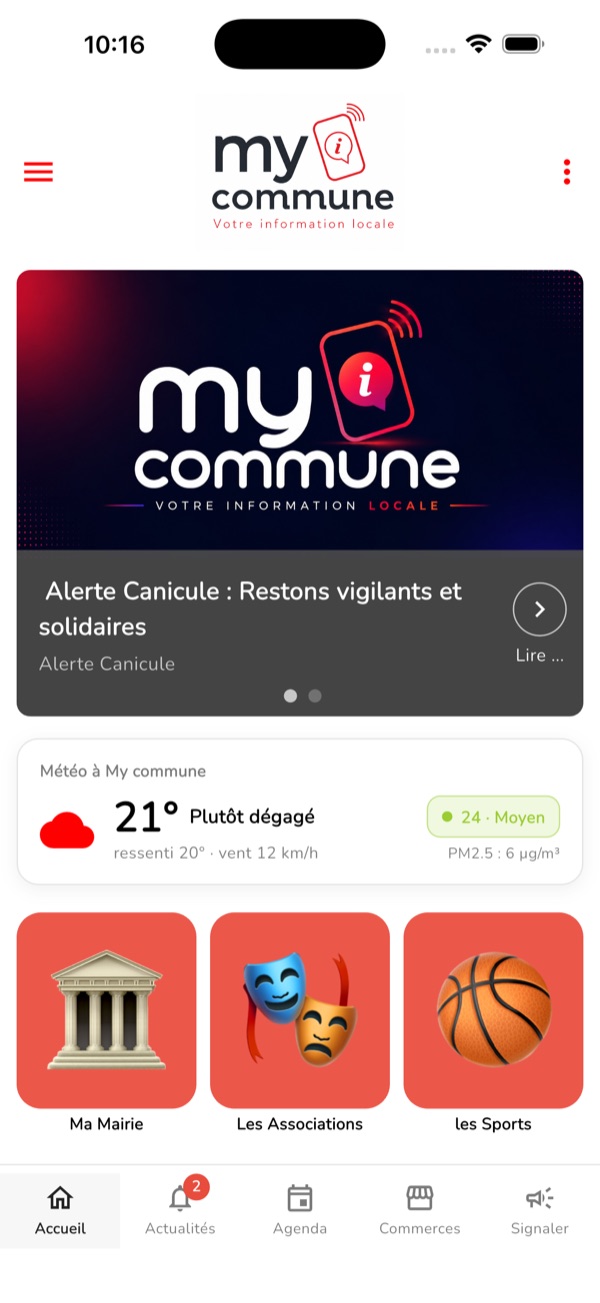 Écran d'accueil de l'application MyCommune